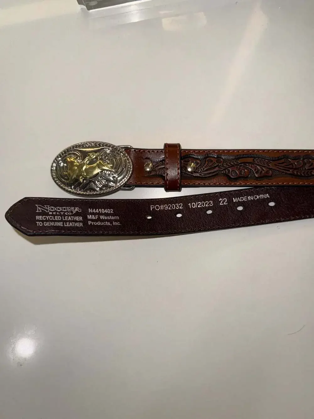 Nocona Brown Tooled Leather Western Belt with Silver and Gold Bull Rider Buckle